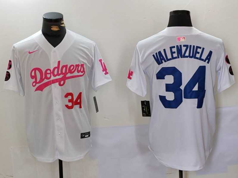 Mens Los Angeles Dodgers #34 Fernando Valenzuela White Pink Vin & Kobe Patch Stitched Baseball Jersey1